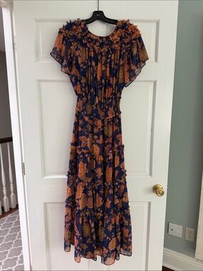 Misa Los Angeles Navy and Orange Floral Tiered Maxi Dress